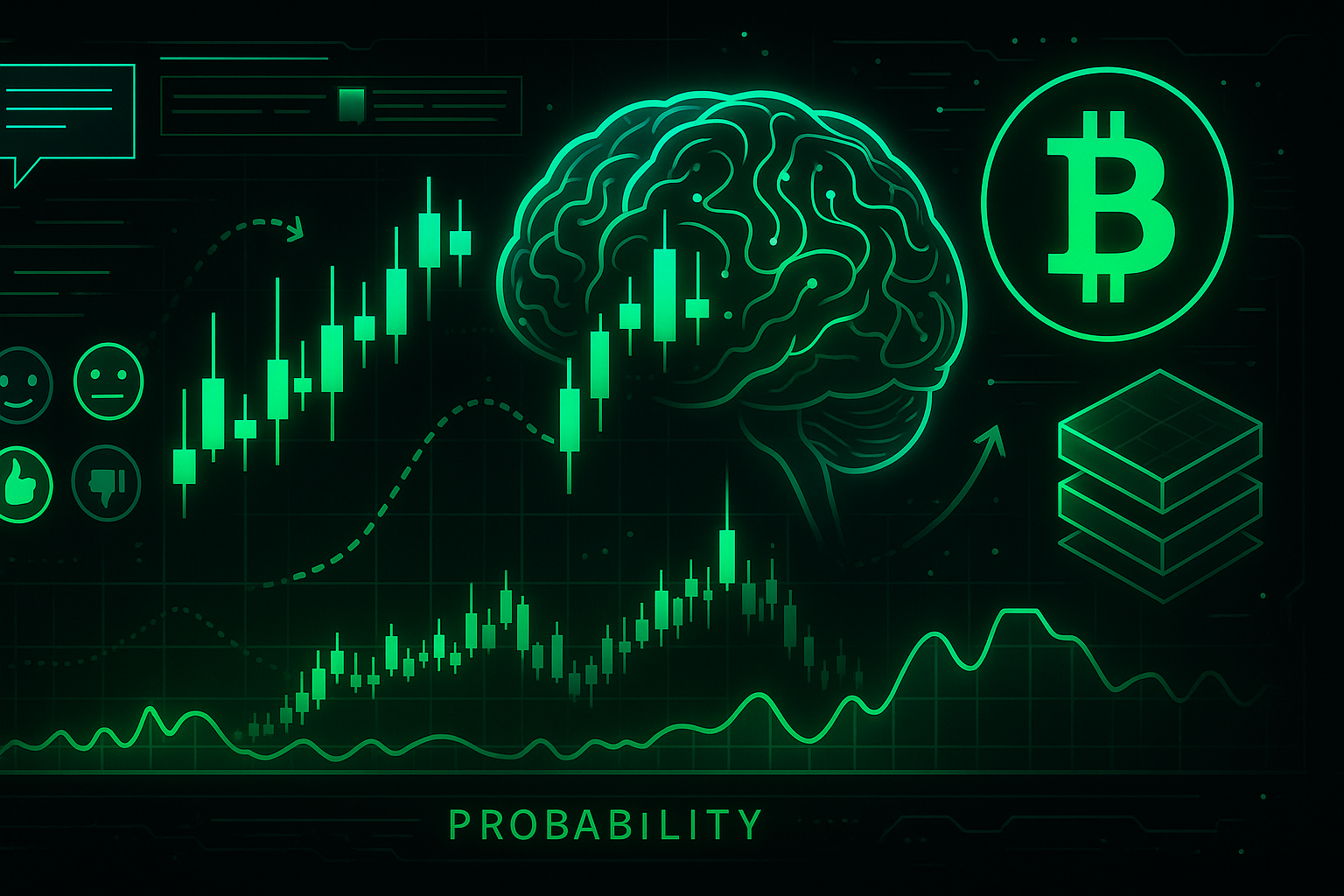 Ilustración de IA analizando velas de precio de Bitcoin